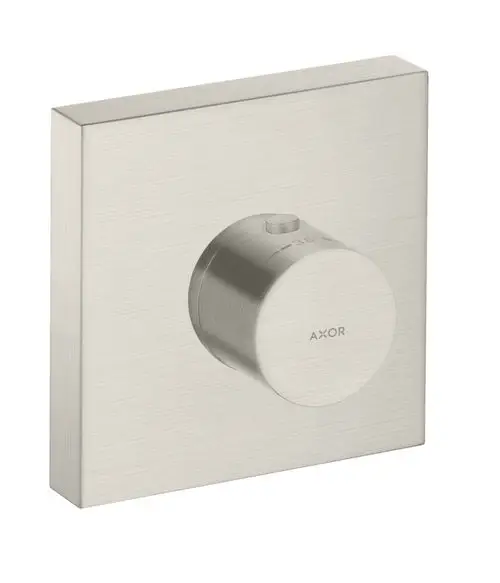 Thermostatmodul in eckiger Form aus Edelstahl mit einem runden Drehregler. Das Produkt trägt das AXOR-Logo und ist für die Installation im Duschebereich konzipiert.